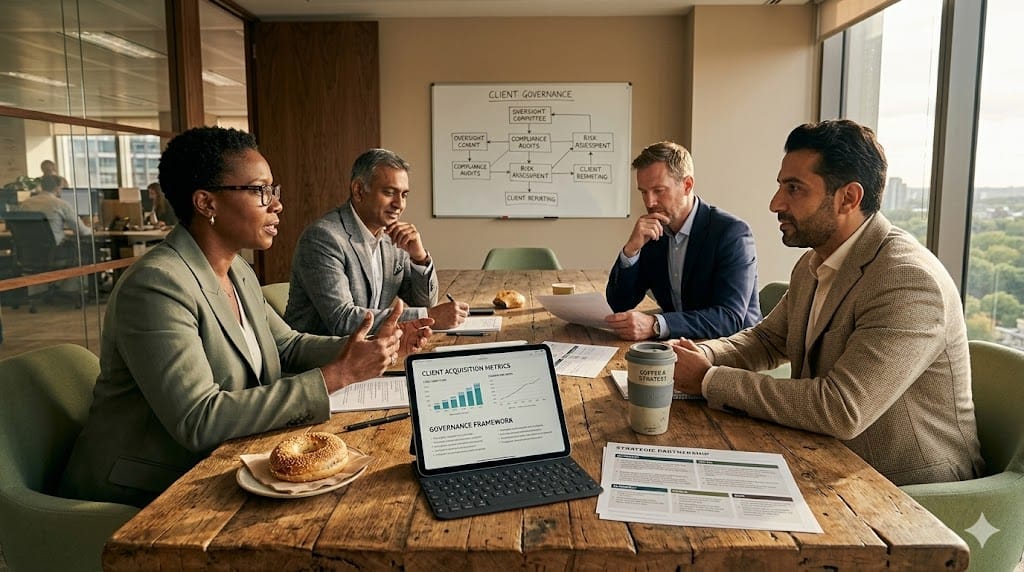 A realistic, eye-level shot of a modern, sunlit executive conference room where a diverse group of senior leaders and a potential client are engaged in a strategic discussion. The scene features a large wooden table with documents labeled "Strategic Partnership" and "Governance Framework," and a tablet displaying "Client Acquisition Metrics." The lighting is warm and inviting, highlighting the collaborative and serious nature of high-level business governance. The palette uses warm wood tones, soft grays, and a pop of color from a plant, avoiding cold corporate blues.