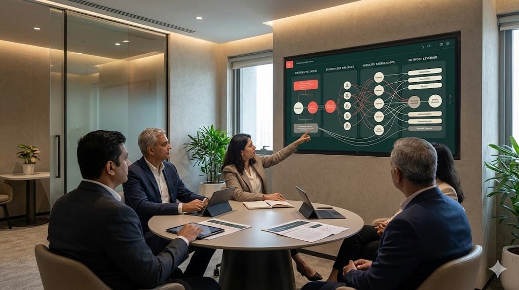 Senior executives discussing strategic communications strategy while analyzing professional network connections on a digital display.