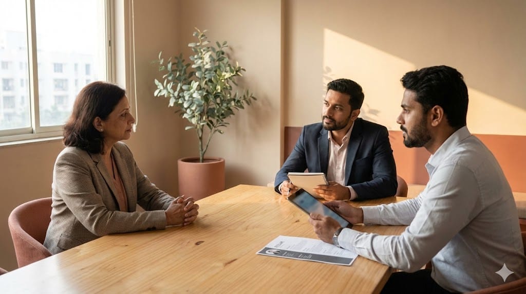Hiring panel conducting a structured interview with a senior candidate in a modern office setting, emphasizing evaluation beyond resume credentials.