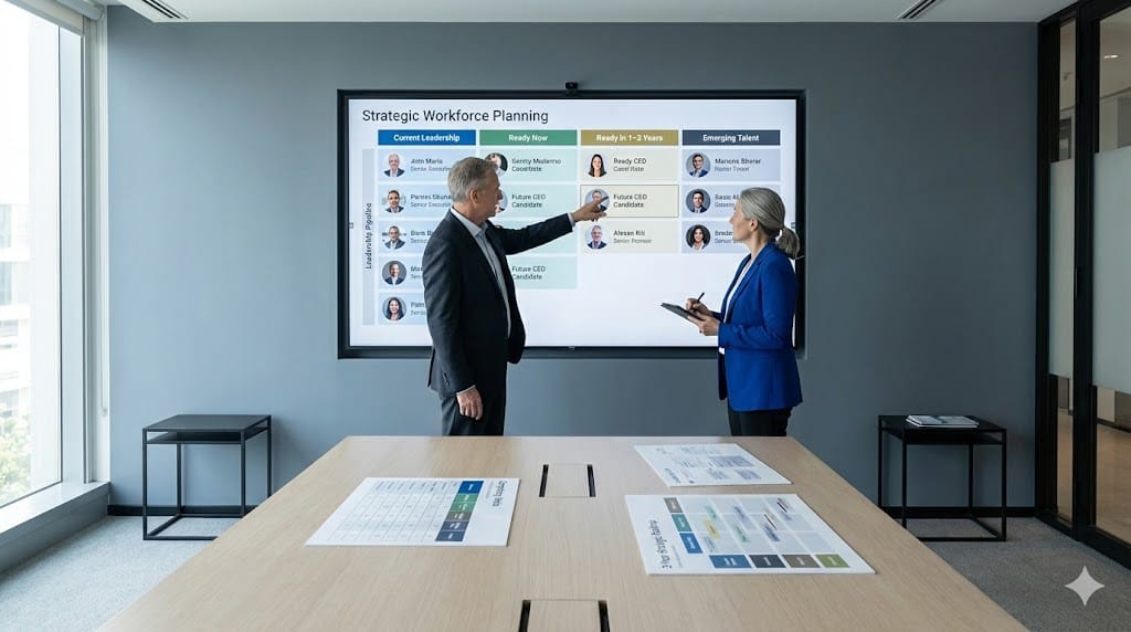 Executive leadership team reviewing long-term succession roadmap and talent pipeline strategy in a modern planning studio environment.