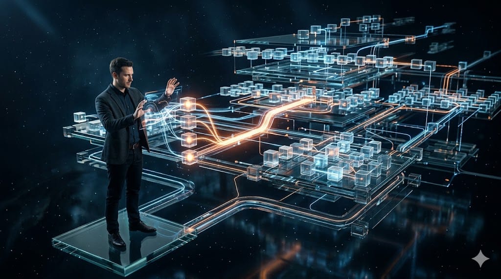 Executive aligning strategic metrics through a dynamic performance architecture visualization in a modern analytical environment