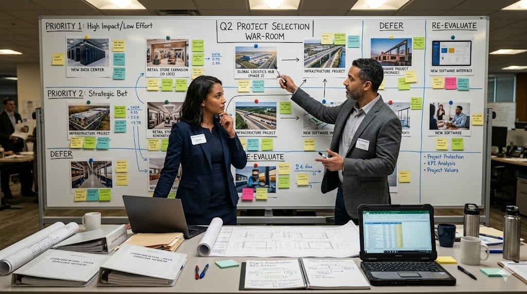 Executives reviewing project options on decision board during strategic planning