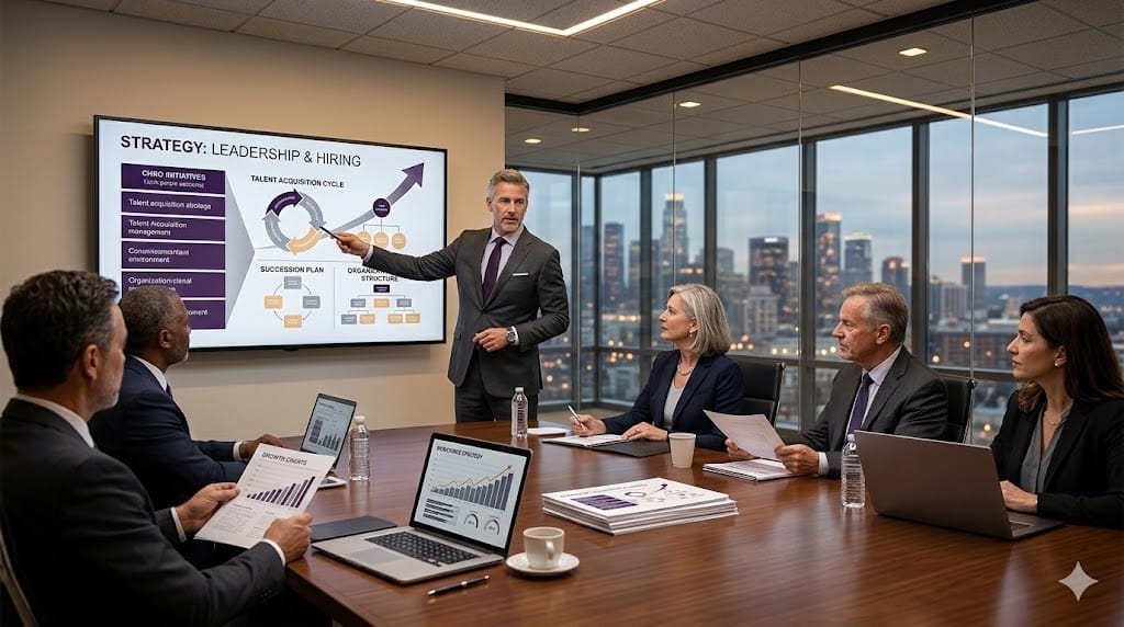 Board members CEO and CHRO discussing strategic workforce and business decisions in executive meeting room