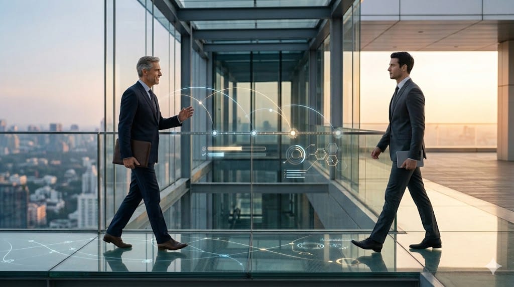 Executive leadership transition illustrating succession planning and exit readiness through a structured and forward-looking corporate environment