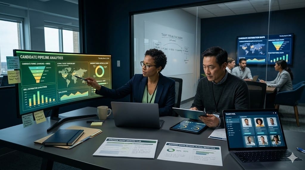 Talent acquisition leaders analyzing candidate sourcing data and diversity hiring strategy on digital recruitment dashboards.