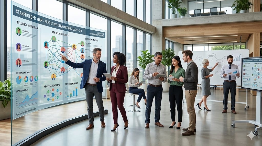 New executive engaging with multiple stakeholders and mapping relationships using visual tools in a dynamic corporate environment
