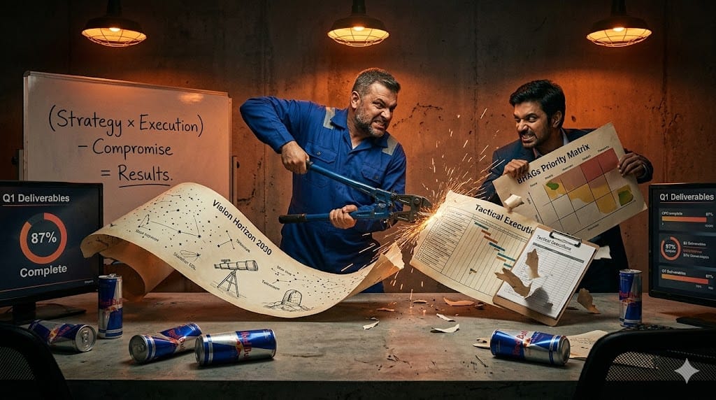 Raw confrontation scene where CPG strategists physically sever a massive paper scroll dividing "Vision Horizon 2030" (telescopes, star charts) from "Execution Now" (Gantt charts, clipboards) using industrial bolt cutters, with sparks flying as tactical managers defend their deliverables while visionaries demand ruthless prioritization.