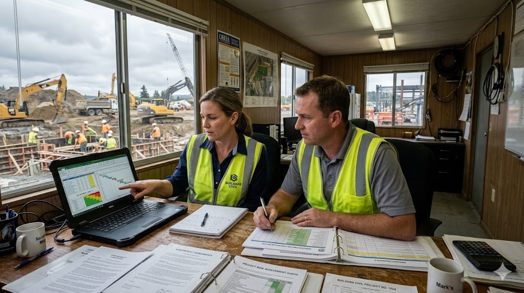 depiction of construction managers reviewing subcontractor contracts and risk assessment charts in a site office trailer.