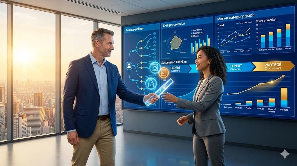 Seasoned category specialist mentoring emerging talent in a modern strategy room, passing a glowing product category baton amid market charts and talent pipeline visuals on screens.