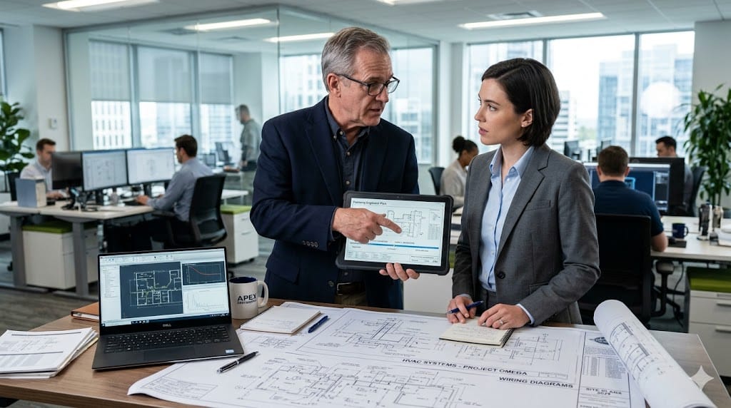 Senior engineering leader mentoring next generation manager in office