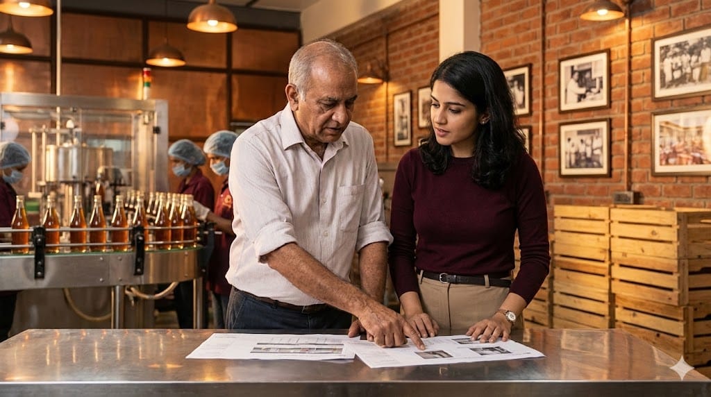 Founder of a family-owned food and beverage company reviewing business documents with next-generation leadership inside a production facility, symbolizing succession planning and legacy transition.
