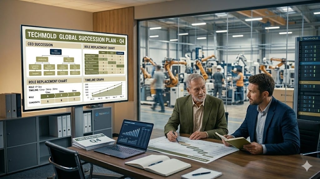 Senior manufacturing leader mentoring next generation manager during succession planning meeting