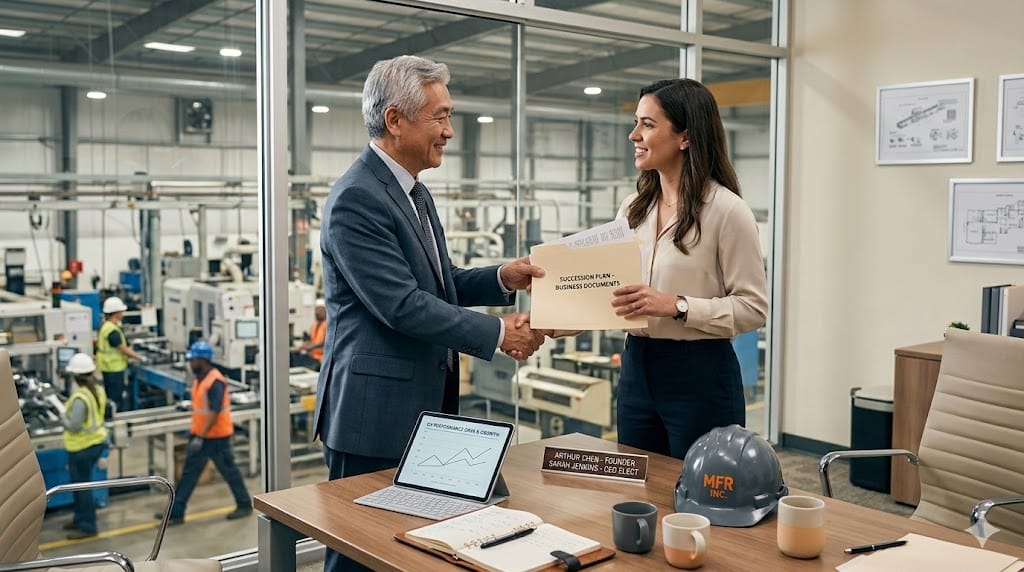Succession planning in manufacturing company showing founder handing over documents to next generation leader with factory in background