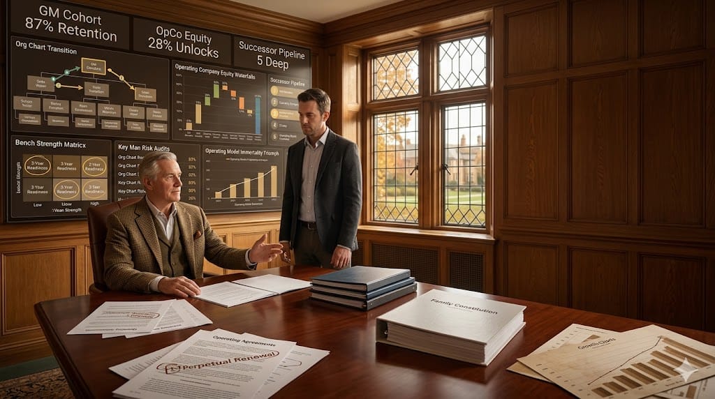 franchise operating company CEO executing succession planning, transitioning leadership through structured operating model in legacy headquarters.