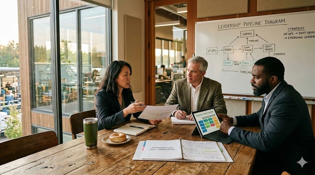  A realistic, eye-level shot of a diverse group of senior manufacturing leaders gathered around a large wooden table in a sunlit conference room. On the table are documents titled "Succession Plan 2026" and a tablet showing a "Talent Pipeline" chart. The lighting is warm and natural, highlighting the collaborative and strategic nature of the discussion. The palette uses warm wood tones, soft grays, and a pop of color from a plant, avoiding cold corporate blues.