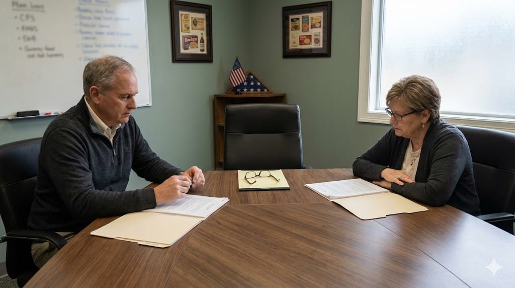 Family business board members in a private meeting room reviewing succession plans with a vacant chair symbolizing leadership transition risk in a U.S. food and beverage company.