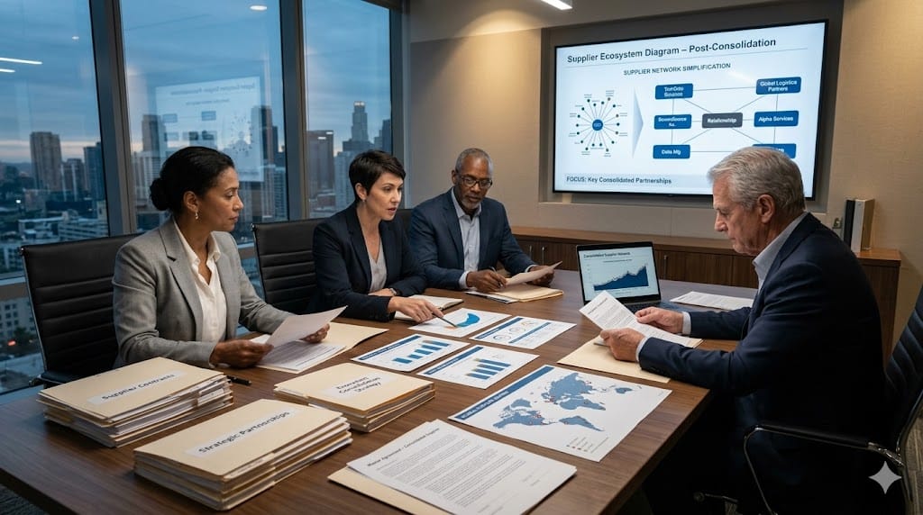 Procurement leaders reviewing supplier network and partnership strategy with contracts and supply chain charts on table