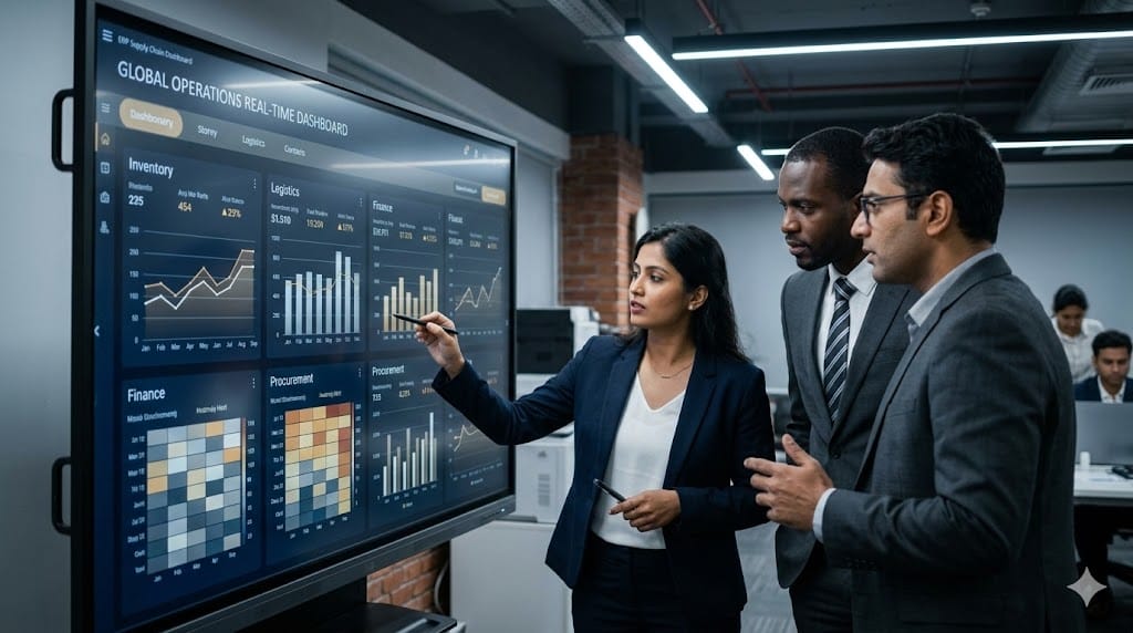A realistic, eye-level shot of a modern, sunlit operations center where a diverse team of supply chain and IT leaders are gathered around a large, wall-mounted digital screen. The screen displays a complex, real-time ERP dashboard with modules for "Inventory," "Logistics," and "Finance" interconnected. The lighting is a mix of cool, ambient light and the soft glow of the screen, creating a focused, high-tech atmosphere. The palette should be a sophisticated blend of deep navy, slate gray, and subtle amber highlights, avoiding garish neons.