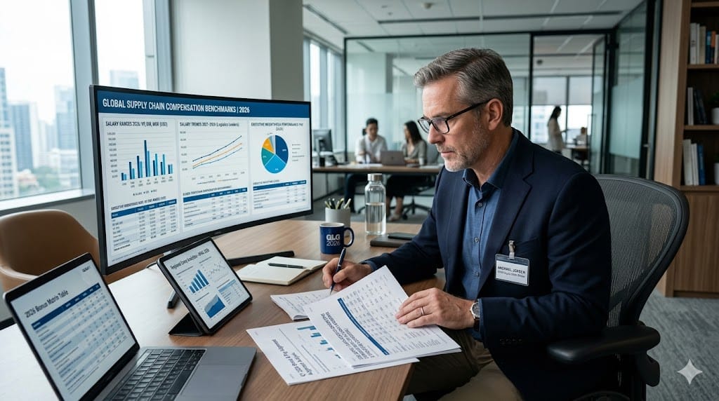 Supply chain executive reviewing compensation benchmarks and trends on digital dashboards
