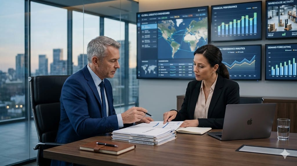 Senior supply chain executive reviewing compensation, performance metrics, and incentive plans with financial charts and logistics analytics on digital screens