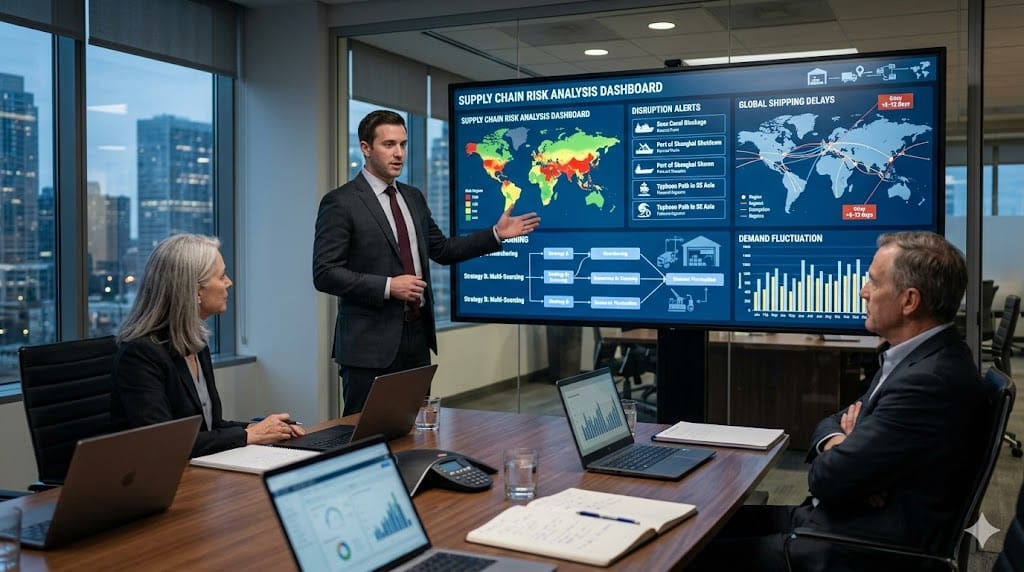 Evaluating supply chain executive candidate risk management skills using scenario analysis dashboards, logistics disruption alerts, and performance review in a corporate strategy room