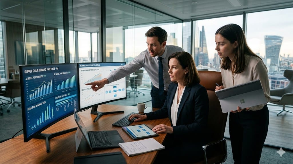 Supply chain executive reviewing digital tools and modern skills in a premium corporate environment