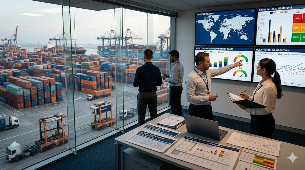 Logistics and finance professionals monitoring shipping operations and financial risk data at port control center