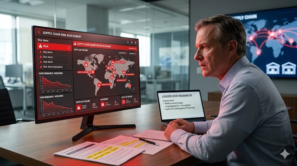 Supply chain executive performance review showing risk alerts, warning indicators, and evaluation notes on digital dashboards in a corporate office