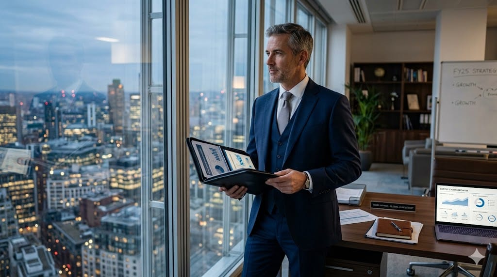 Senior supply chain executive standing in top corporate office looking at city skyline symbolizing leadership growth toward CEO role
