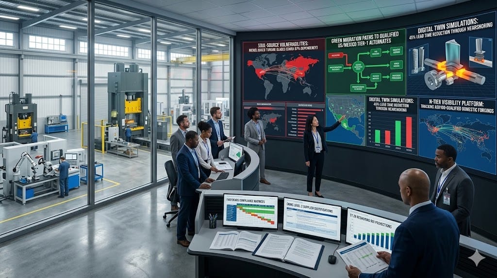 Realistic landscape photo of aerospace supply chain executives implementing localization strategies, showing risk analysts mapping sole-source dependencies for critical titanium forgings while overseeing new domestic Tier-1 supplier qualification, digital twin simulations reducing foreign risk exposure from 68% to 22%.