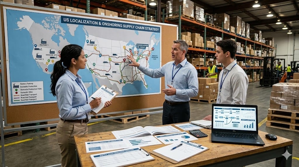 Supply chain specialists planning domestic manufacturing and onshoring strategy inside distribution warehouse