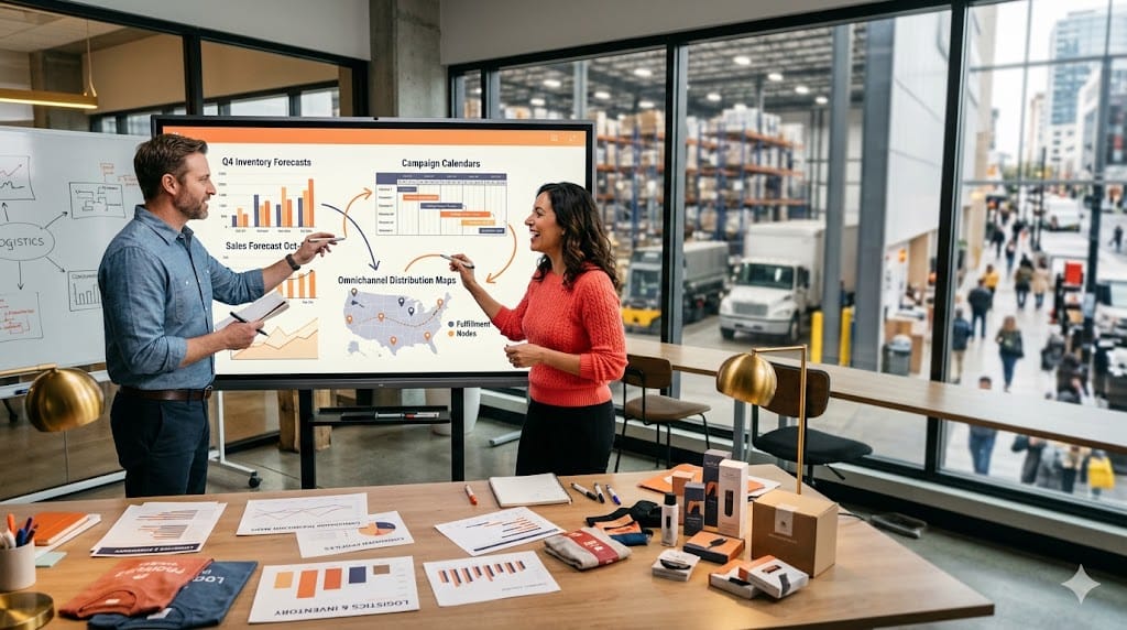 retail supply chain and marketing leaders collaborating on cross-functional strategies around integrated planning dashboards.