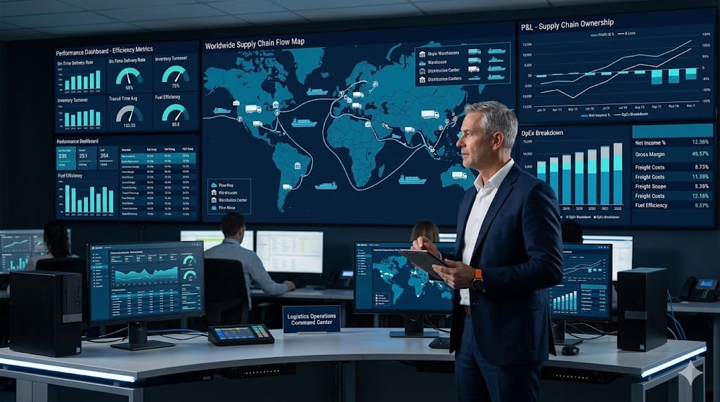 Operations executive reviewing supply chain dashboard and financial P&L report in modern logistics control room