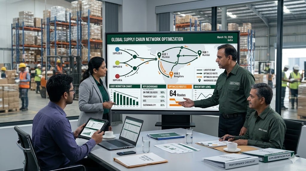 Supply chain executives reviewing logistics network optimization and supplier performance charts