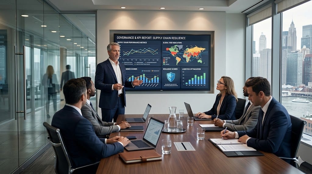 Executive presenting supply chain resilience KPIs and governance report to board members with performance dashboards and charts in a corporate boardroom