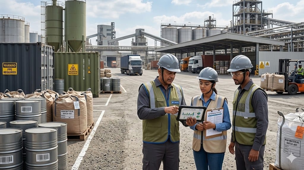 Supply chain leaders inspecting raw material storage and logistics operations in industrial manufacturing yard