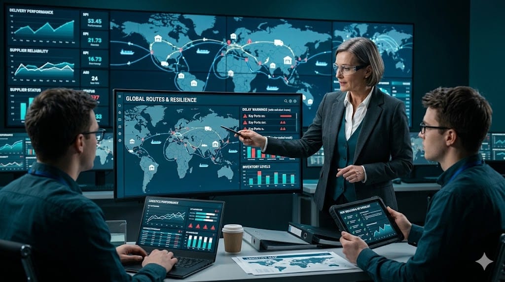 Supply chain leaders reviewing logistics risk dashboard and shipment tracking data in operations control room