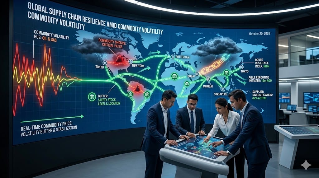 Strategic supply chain command center with executives monitoring resilient networks amid fluctuating commodity graphs, diversified global routes, and stabilizing buffers on interactive screens.