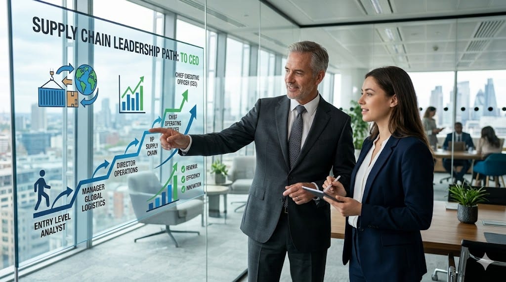 Senior executive mentoring future leader with career growth chart and leadership path toward CEO role in corporate office