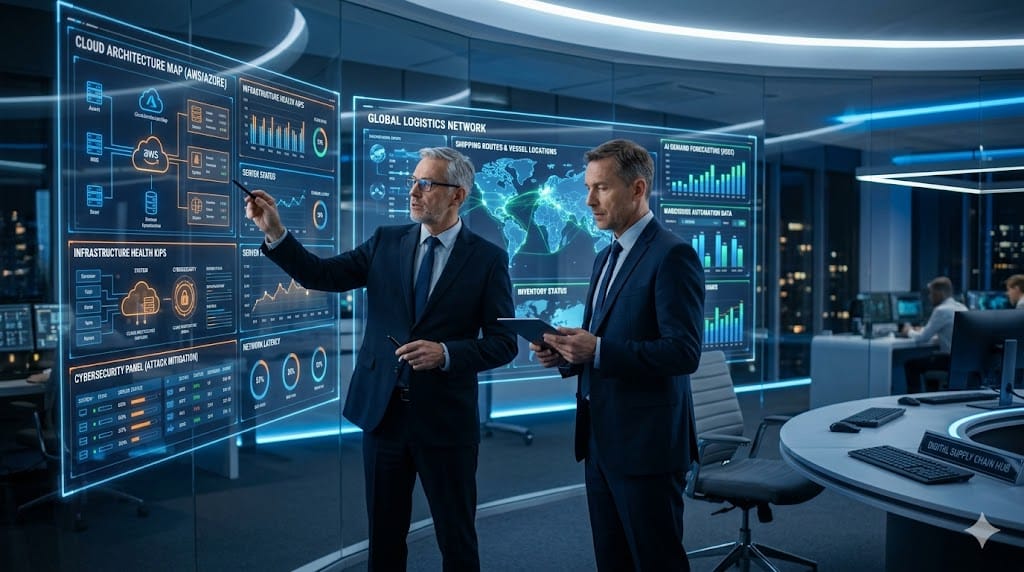 Corporate technology leaders discussing supply chain digital transformation with dashboards, AI analytics, and logistics network screens in a modern control room