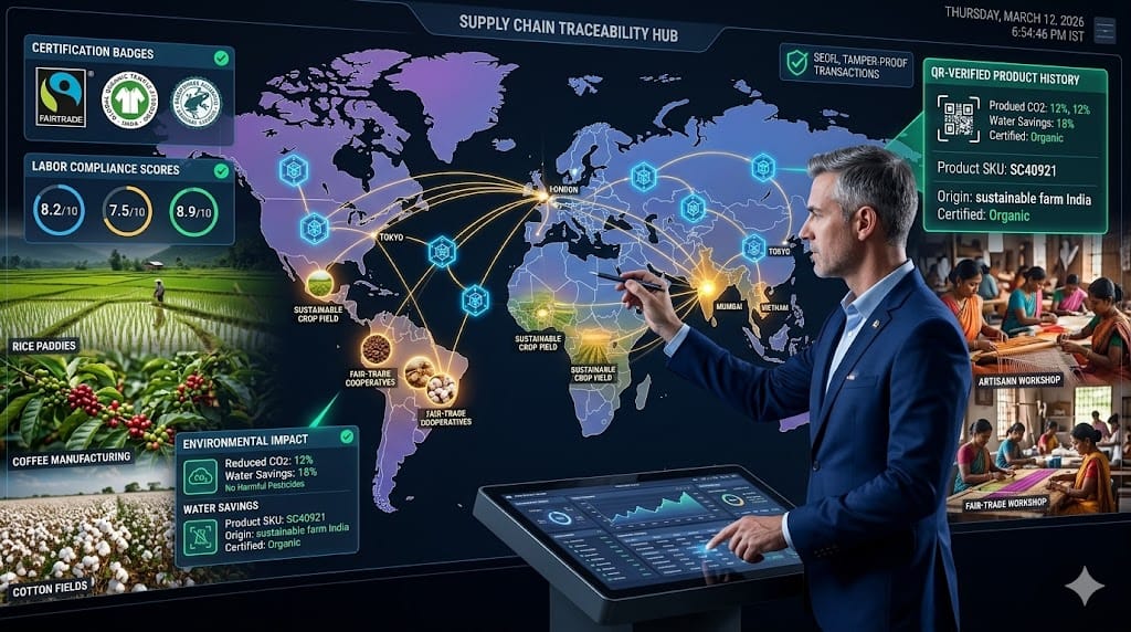  Supply chain strategist tracing ethical sourcing pathways on a global digital map, highlighting verified farms, fair labor certifications, and blockchain-secured product journeys from origin to consumer