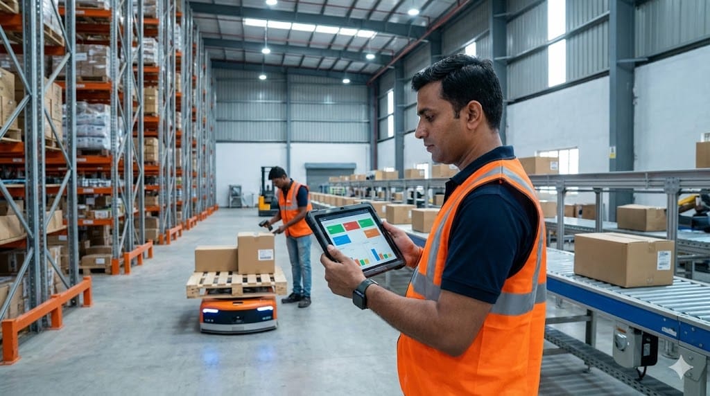A warehouse manager using a tablet to monitor real-time inventory data while autonomous robots move pallets inside a modern distribution center.