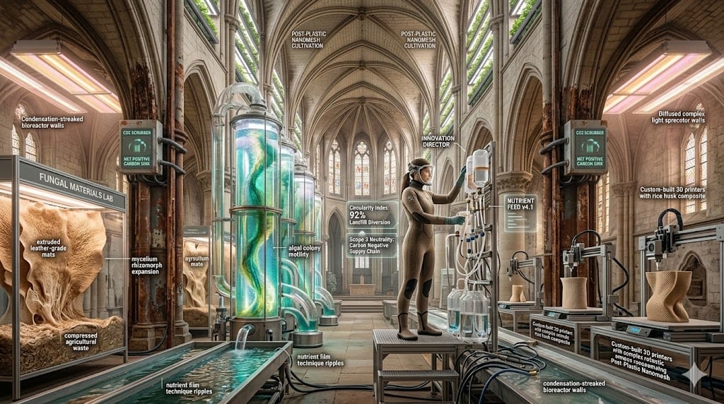 Bioreactor cathedral where CPG innovators cultivate mycelium leather vats and algae protein cascades under precision LED spectra, engineering circular packaging from agricultural waste streams while real-time carbon sequestration dashboards validate Scope 3 neutrality against 2026 regulatory tsunamis.