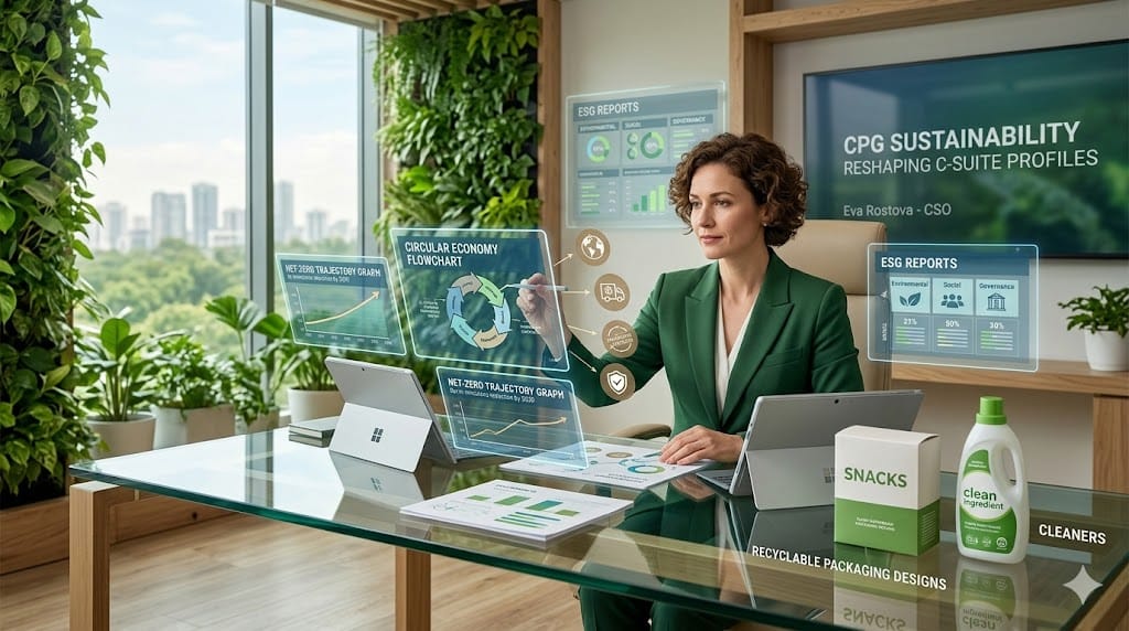 Forward-thinking CPG executive integrating sustainability metrics into strategy, surrounded by eco-packaging prototypes, carbon footprint dashboards, and green supply chain visuals in a modern leadership office.