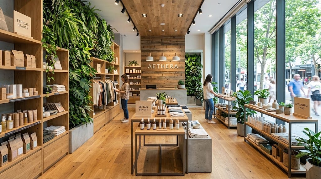 modern eco friendly retail store design with sustainable materials green plants and branded interior layout