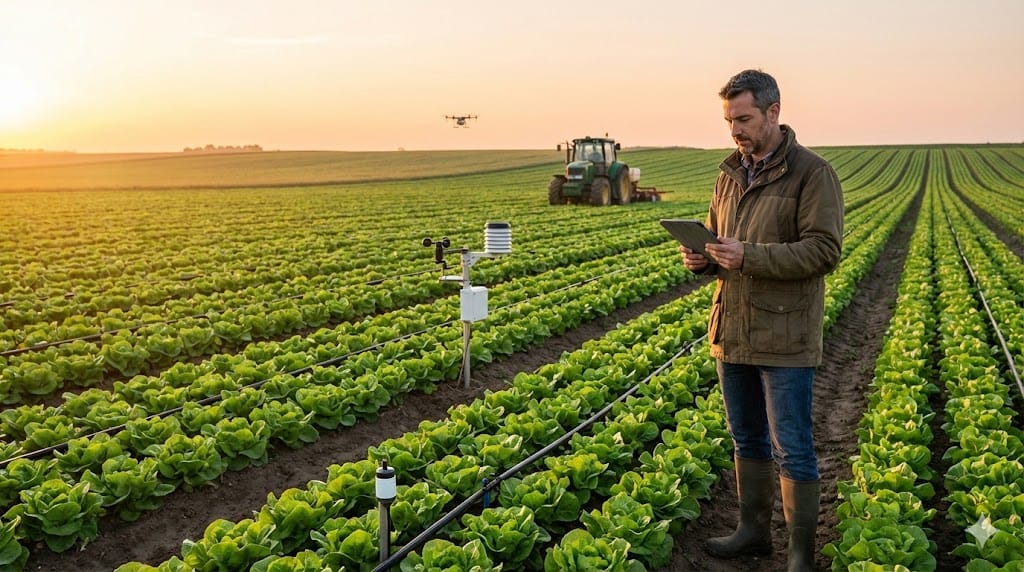 Sustainability executive reviewing precision agriculture data on a tablet while standing in a crop field with irrigation systems and sensor equipment visible at sunrise.