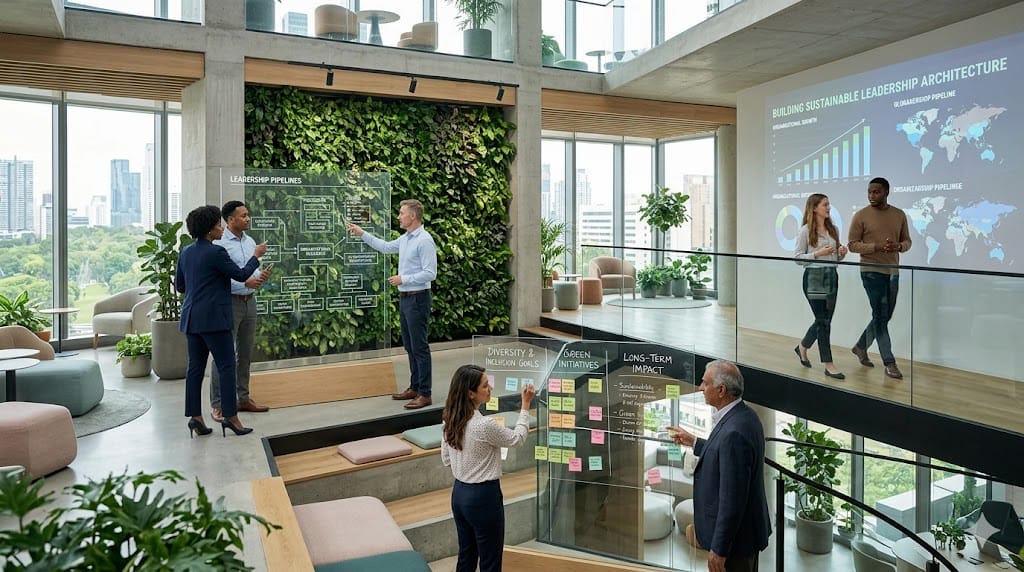 Corporate leaders collaborating on sustainable leadership architecture with growth visuals and long-term impact planning in a modern workspace