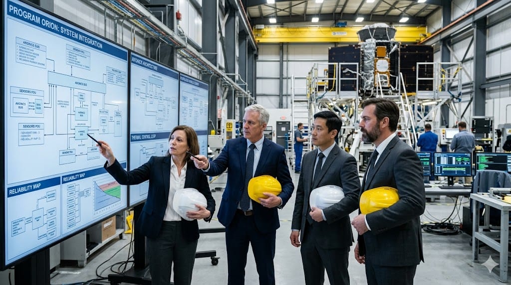 Engineering leaders reviewing complex system design for large technical program