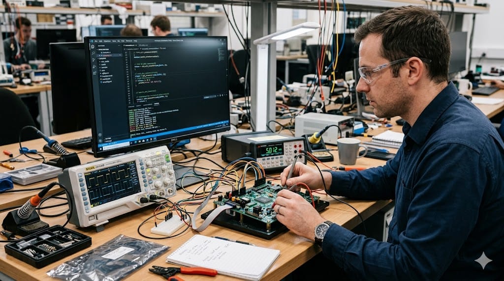 Engineer performing hardware and software testing using electronic equipment and computer
