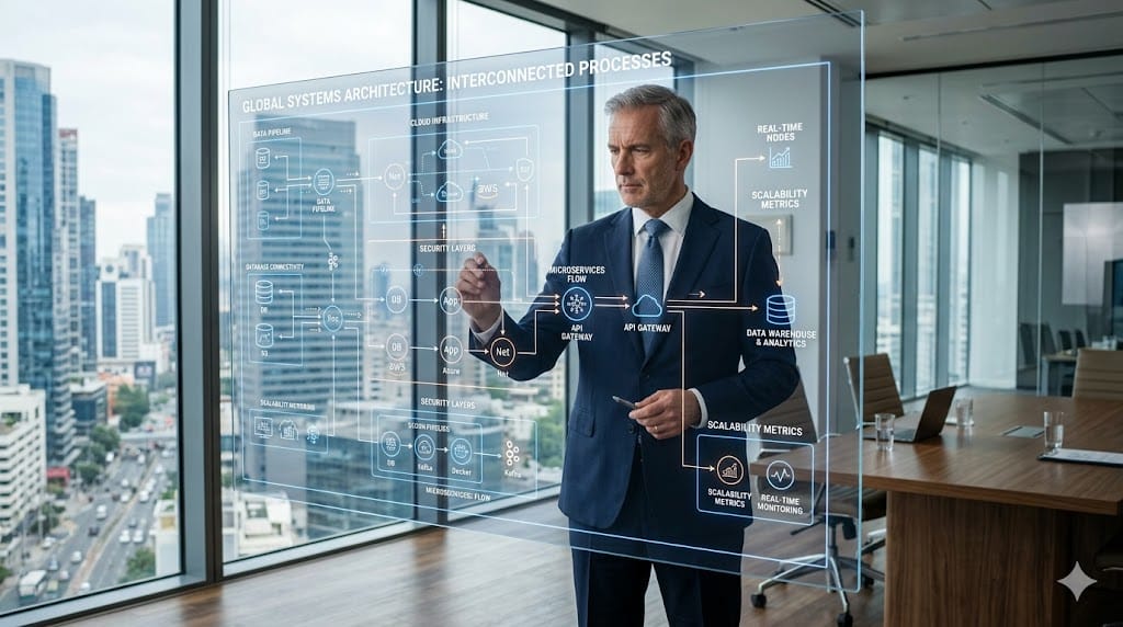 Executive analyzing complex system diagram to support strategic decision making